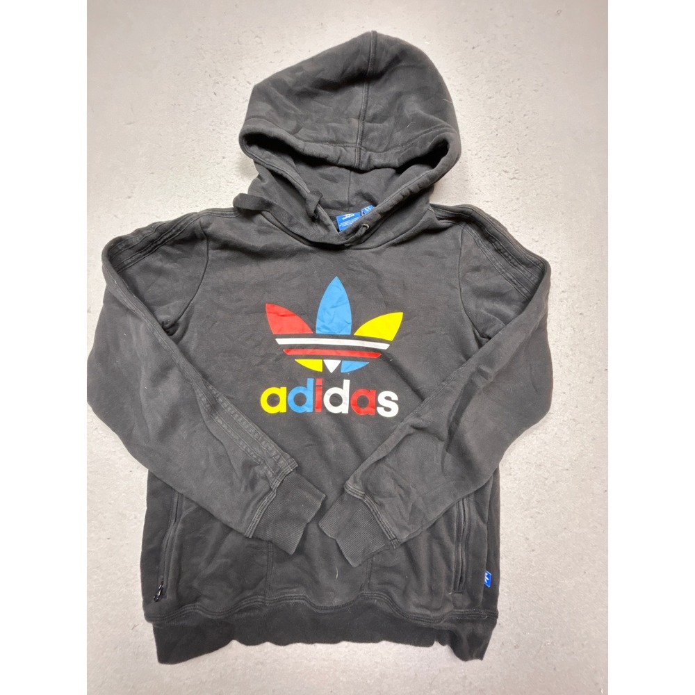 Adidas Hoodie Cotton Blend Black Multi-Color Trefoil Logo Medium Womens